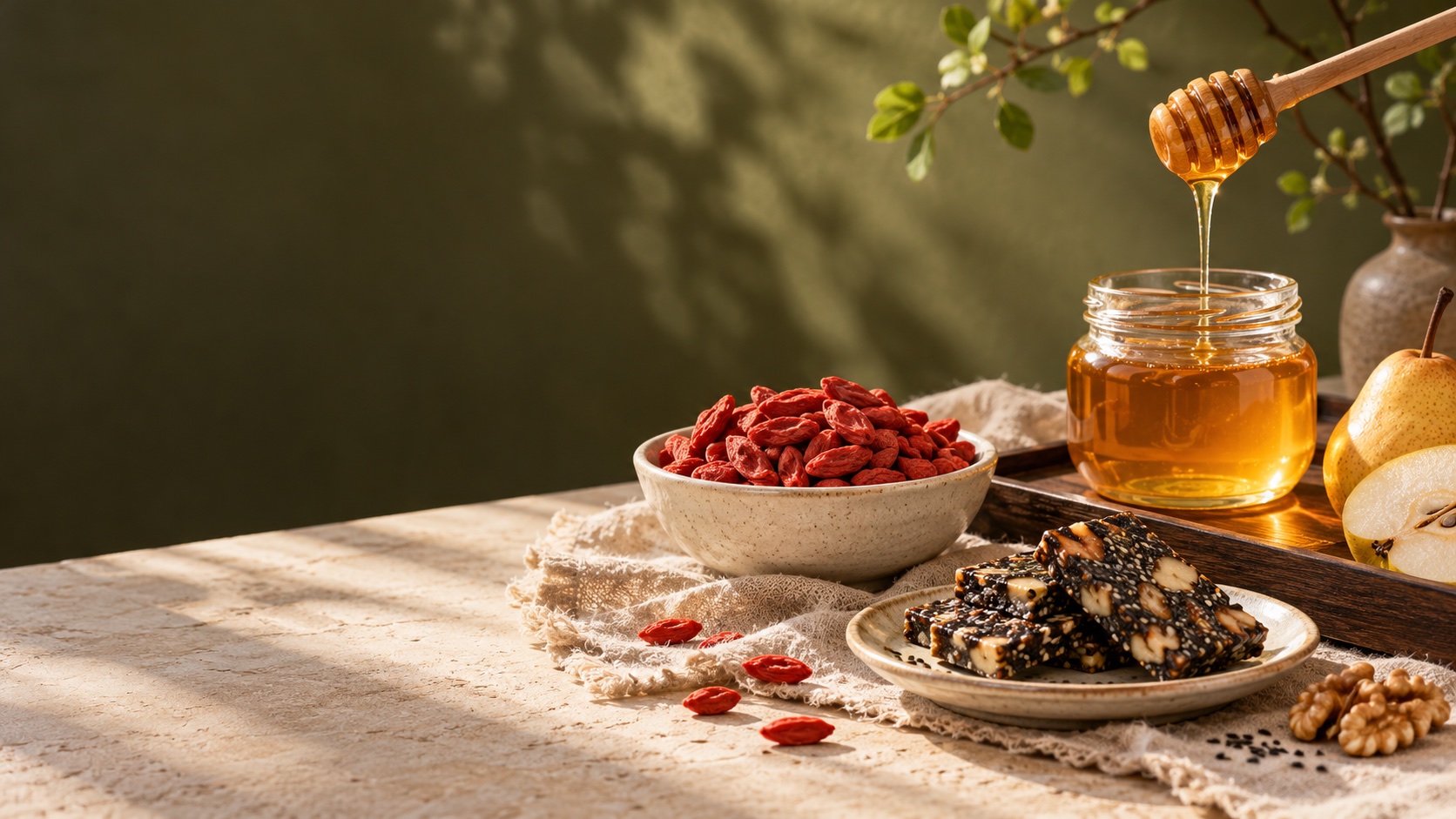 自然光下的蜂蜜、枸杞与芝麻糕食材静物,生成示意图